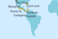 Visitando San Diego (California/EEUU), Manzanillo (México), Puerto Chiapas (México), Acajutla (El Salvador), Fuerte Amador (Panamá), Fuerte Amador (Panamá), Cartagena de Indias (Colombia), Fort Lauderdale (Florida/EEUU)