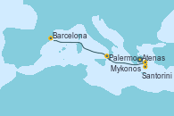 Visitando Atenas (Grecia), Santorini (Grecia), Santorini (Grecia), Mykonos (Grecia), Palermo (Italia), Barcelona