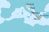 Visitando Brindisi (Italia), Mykonos (Grecia), Atenas (Grecia), Split (Croacia), Venecia (Italia)