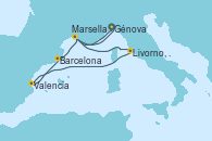 Visitando Génova (Italia), Marsella (Francia), Livorno, Pisa y Florencia (Italia), Valencia, Barcelona, Marsella (Francia), Génova (Italia)