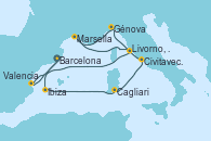 Visitando Barcelona, Ibiza (España), Cagliari (Cerdeña), Civitavecchia (Roma), Génova (Italia), Marsella (Francia), Livorno, Pisa y Florencia (Italia), Valencia, Barcelona