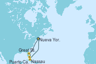 Visitando Nueva York (Estados Unidos), Great Stirrup Cay (Bahamas), Nassau (Bahamas), Puerto Cañaveral (Florida), Nueva York (Estados Unidos)