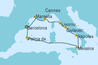 Visitando Barcelona, Marsella (Francia), Cannes (Francia), Livorno, Pisa y Florencia (Italia), Livorno, Pisa y Florencia (Italia), Civitavecchia (Roma), Nápoles (Italia), Messina (Sicilia), Palma de Mallorca (España), Barcelona