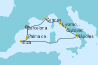 Visitando Barcelona, Cannes (Francia), Livorno, Pisa y Florencia (Italia), Livorno, Pisa y Florencia (Italia), Civitavecchia (Roma), Nápoles (Italia), Ibiza (España), Palma de Mallorca (España), Barcelona