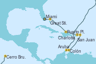 Visitando Miami (Florida/EEUU), Great Stirrup Cay (Bahamas), Puerto Plata, Republica Dominicana, San Juan (Puerto Rico), Charlotte Amalie (St. Thomas), Colón, Aruba (Antillas), Cerro Brujo (Isla San Cristóbal/Galápagos), Miami (Florida/EEUU)