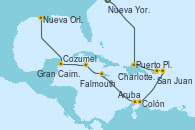 Visitando Nueva York (Estados Unidos), Puerto Plata, Republica Dominicana, San Juan (Puerto Rico), Charlotte Amalie (St. Thomas), Colón, Aruba (Antillas), Falmouth (Jamaica), Gran Caimán (Islas Caimán), Cozumel (México), Nueva Orleans (Luisiana)