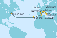 Visitando Nueva York (Estados Unidos), Funchal (Madeira), Palma de Mallorca (España), Barcelona, Villefranche (Niza/Mónaco/Francia), Livorno, Pisa y Florencia (Italia), Nápoles (Italia), Civitavecchia (Roma)