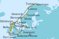 Visitando Dover (Inglaterra), Rotterdam (Holanda), Edimburgo (Escocia), Kirkwall (Escocia), Lerwick (Escocia), Stornoway (Isla de Lewis/Escocia), Belfast (Irlanda), Greenock (Escocia), Dun Laoghaire (Dublin/Irlanda), Isla de Mann (Reino Unido), Cork (Irlanda), Dover (Inglaterra), Rotterdam (Holanda), Molde (Noruega), Trondheim (Noruega), Honningsvag (Noruega), Tromso (Noruega), Leknes (Noruega), Lerwick (Escocia), Invergordon (Escocia), Edimburgo (Escocia), Dover (Inglaterra)