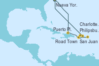 Visitando Nueva York (Estados Unidos), Puerto Plata, Republica Dominicana, San Juan (Puerto Rico), Philipsburg (St. Maarten), Road Town (Isla Tórtola/Islas Vírgenes), Charlotte Amalie (St. Thomas), Nueva York (Estados Unidos)