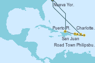 Visitando Nueva York (Estados Unidos), Puerto Plata, Republica Dominicana, San Juan (Puerto Rico), Charlotte Amalie (St. Thomas), Philipsburg (St. Maarten), Road Town (Isla Tórtola/Islas Vírgenes), Nueva York (Estados Unidos)