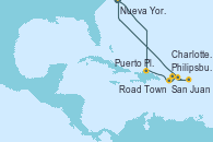 Visitando Nueva York (Estados Unidos), Puerto Plata, Republica Dominicana, San Juan (Puerto Rico), Road Town (Isla Tórtola/Islas Vírgenes), Philipsburg (St. Maarten), Charlotte Amalie (St. Thomas), Nueva York (Estados Unidos)