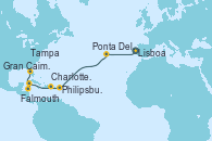 Visitando Lisboa (Portugal), Ponta Delgada (Azores), Philipsburg (St. Maarten), Charlotte Amalie (St. Thomas), Falmouth (Jamaica), Gran Caimán (Islas Caimán), Tampa (Florida)