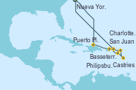 Visitando Nueva York (Estados Unidos), Puerto Plata, Republica Dominicana, San Juan (Puerto Rico), Basseterre (Antillas), Castries (Santa Lucía/Caribe), Philipsburg (St. Maarten), Charlotte Amalie (St. Thomas), Nueva York (Estados Unidos)