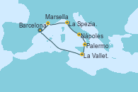 Visitando Barcelona, Marsella (Francia), La Spezia, Florencia y Pisa (Italia), Nápoles (Italia), Palermo (Italia), La Valletta (Malta), Barcelona