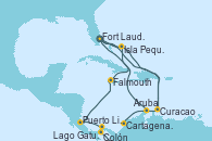 Visitando Fort Lauderdale (Florida/EEUU), Isla Pequeña (San Salvador/Bahamas), Curacao (Antillas), Cartagena de Indias (Colombia), Colón (Panamá), Lago Gatun (Panamá), Puerto Limón (Costa Rica), Falmouth (Jamaica), Fort Lauderdale (Florida/EEUU), Curacao (Antillas), Aruba (Antillas), Aruba (Antillas), Isla Pequeña (San Salvador/Bahamas), Fort Lauderdale (Florida/EEUU)