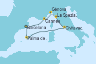 Visitando Barcelona, Cannes (Francia), Génova (Italia), La Spezia, Florencia y Pisa (Italia), Civitavecchia (Roma), Palma de Mallorca (España), Barcelona