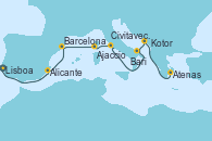 Visitando Lisboa (Portugal), Alicante (España), Barcelona, Barcelona, Ajaccio (Córcega), Civitavecchia (Roma), Bari (Italia), Kotor (Montenegro), Atenas (Grecia)