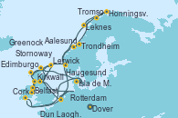 Visitando Dover (Inglaterra), Rotterdam (Holanda), Aalesund (Noruega), Trondheim (Noruega), Honningsvag (Noruega), Tromso (Noruega), Leknes (Noruega), Haugesund (Noruega), Lerwick (Escocia), Edimburgo (Escocia), Dover (Inglaterra), Rotterdam (Holanda), Edimburgo (Escocia), Kirkwall (Escocia), Lerwick (Escocia), Stornoway (Isla de Lewis/Escocia), Belfast (Irlanda), Greenock (Escocia), Dun Laoghaire (Dublin/Irlanda), Isla de Mann (Reino Unido), Cork (Irlanda), Dover (Inglaterra)