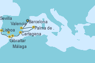 Visitando Barcelona, Valencia, Palma de Mallorca (España), Cartagena (Murcia), Málaga, Gibraltar (Inglaterra), Sevilla (España), Sevilla (España), Sevilla (España), Lisboa (Portugal), Lisboa (Portugal)