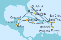 Visitando Fort Lauderdale (Florida/EEUU), Isla Pequeña (San Salvador/Bahamas), Saint Thomas (Islas Vírgenes), St. John´s (Antigua y Barbuda), Martinica (Antillas), Roseau (Dominica), San Cristóbal y Nieves, Philipsburg (St. Maarten), Fort Lauderdale (Florida/EEUU), Isla Pequeña (San Salvador/Bahamas), Falmouth (Jamaica), Gran Caimán (Islas Caimán), Belize (Caribe), Bahia de Mahogany (Honduras), Cozumel (México), Fort Lauderdale (Florida/EEUU)