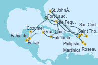 Visitando Fort Lauderdale (Florida/EEUU), Isla Pequeña (San Salvador/Bahamas), Falmouth (Jamaica), Gran Caimán (Islas Caimán), Belize (Caribe), Bahia de Mahogany (Honduras), Cozumel (México), Fort Lauderdale (Florida/EEUU), Philipsburg (St. Maarten), St. John´s (Antigua y Barbuda), Martinica (Antillas), Roseau (Dominica), San Cristóbal y Nieves, Saint Thomas (Islas Vírgenes), Isla Pequeña (San Salvador/Bahamas), Fort Lauderdale (Florida/EEUU)