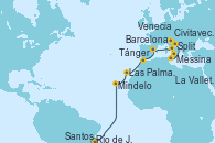 Visitando Río de Janeiro (Brasil), Santos (Brasil), Mindelo (Cabo Verde), Las Palmas de Gran Canaria (España), Tánger (Marruecos), Barcelona, Civitavecchia (Roma), Messina (Sicilia), La Valletta (Malta), Split (Croacia), Venecia (Italia)