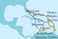 Visitando Fort Lauderdale (Florida/EEUU), Curacao (Antillas), Bonaire (Países Bajos), Aruba (Antillas), Isla Pequeña (San Salvador/Bahamas), Fort Lauderdale (Florida/EEUU), Isla Pequeña (San Salvador/Bahamas), Philipsburg (St. Maarten), Castries (Santa Lucía/Caribe), Scarborough (Trinidad & Tobago), Bridgetown (Barbados), Pointe a Pitre (Guadalupe), San Cristóbal y Nieves, Fort Lauderdale (Florida/EEUU)