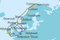 Visitando Rotterdam (Holanda), Edimburgo (Escocia), Lerwick (Escocia), Portree (Reino Unido), Killybegs (Irlanda), Greenock (Escocia), Greenock (Escocia), Holyhead (Gales/Reino Unido), Cork (Irlanda), Dover (Inglaterra), Rotterdam (Holanda), Eidfjord (Hardangerfjord/Noruega), Maloy (Noruega), Trondheim (Noruega), Leknes (Noruega), Tromso (Noruega), Honningsvag (Noruega), Lerwick (Escocia), Dover (Inglaterra), Rotterdam (Holanda)