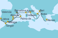 Visitando Barcelona, Palma de Mallorca (España), Valencia, Málaga, Tánger (Marruecos), Lisboa (Portugal), Alicante (España), Barcelona, Barcelona, Ajaccio (Córcega), Civitavecchia (Roma), Bari (Italia), Kotor (Montenegro), Atenas (Grecia)