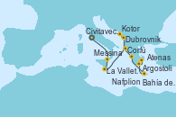 Visitando Civitavecchia (Roma), Messina (Sicilia), La Valletta (Malta), Dubrovnik (Croacia), Kotor (Montenegro), Corfú (Grecia), Argostoli (Grecia), Bahía de Souda (Grecia), Nafplion (Grecia), Atenas (Grecia)