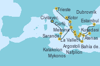 Visitando Civitavecchia (Roma), Messina (Sicilia), La Valletta (Malta), Dubrovnik (Croacia), Kotor (Montenegro), Corfú (Grecia), Argostoli (Grecia), Bahía de Souda (Grecia), Nafplion (Grecia), Atenas (Grecia), Estambul (Turquía), Estambul (Turquía), Kusadasi (Efeso/Turquía), Mykonos (Grecia), Bahía de Souda (Grecia), Katakolon (Olimpia/Grecia), Sarande (Albania), Dubrovnik (Croacia), Trieste (Italia)