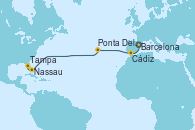 Visitando Barcelona, Cádiz (España), Ponta Delgada (Azores), Nassau (Bahamas), Tampa (Florida)