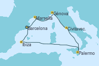 Visitando Barcelona, Marsella (Francia), Génova (Italia), Civitavecchia (Roma), Palermo (Italia), Ibiza (España), Barcelona