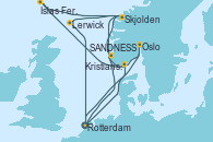 Visitando Rotterdam (Holanda), Kristiansand (Noruega), Islas Feroe (Dinamarca), Skjolden (Noruega), Lerwick (Escocia), Rotterdam (Holanda), Skjolden (Noruega), SANDNESS (STAVANGER), Kristiansand (Noruega), Oslo (Noruega), Rotterdam (Holanda)