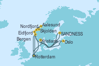 Visitando Rotterdam (Holanda), Skjolden (Noruega), SANDNESS (STAVANGER), Kristiansand (Noruega), Oslo (Noruega), Rotterdam (Holanda), Eidfjord (Hardangerfjord/Noruega), Aalesund (Noruega), Nordfjordeid, Bergen (Noruega), Rotterdam (Holanda)