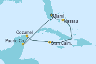 Visitando Miami (Florida/EEUU), Nassau (Bahamas), Gran Caimán (Islas Caimán), Cozumel (México), Puerto Costa Maya (México), Miami (Florida/EEUU)