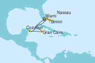 Visitando Miami (Florida/EEUU), Gran Caimán (Islas Caimán), Cozumel (México), Bimini (Bahamas), Nassau (Bahamas), Miami (Florida/EEUU)