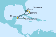 Visitando Miami (Florida/EEUU), Bimini (Bahamas), Nassau (Bahamas), Cozumel (México), Gran Caimán (Islas Caimán), Miami (Florida/EEUU)