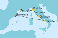 Visitando Barcelona, Marsella (Francia), Portofino (Italia), La Spezia, Florencia y Pisa (Italia), Civitavecchia (Roma), Nápoles (Italia), Barcelona