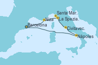 Visitando Barcelona, Niza (Francia), La Spezia, Florencia y Pisa (Italia), Santa Margarita (Italia), Civitavecchia (Roma), Nápoles (Italia), Barcelona