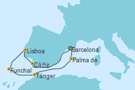 Visitando Barcelona, Cádiz (España), Lisboa (Portugal), Funchal (Madeira), Funchal (Madeira), Tánger (Marruecos), Palma de Mallorca (España), Barcelona