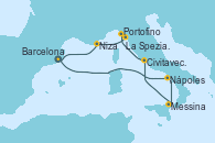 Visitando Barcelona, Nápoles (Italia), Messina (Sicilia), Civitavecchia (Roma), Portofino (Italia), La Spezia, Florencia y Pisa (Italia), Niza (Francia), Barcelona