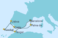 Visitando Barcelona, Tánger (Marruecos), Funchal (Madeira), Funchal (Madeira), Lisboa (Portugal), Cádiz (España), Palma de Mallorca (España), Barcelona