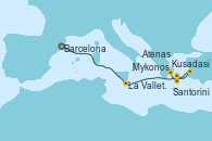 Visitando Barcelona, La Valletta (Malta), Kusadasi (Efeso/Turquía), Mykonos (Grecia), Santorini (Grecia), Atenas (Grecia)