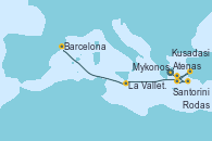 Visitando Atenas (Grecia), Santorini (Grecia), Rodas (Grecia), Mykonos (Grecia), Kusadasi (Efeso/Turquía), La Valletta (Malta), Barcelona