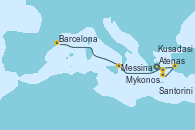 Visitando Atenas (Grecia), Mykonos (Grecia), Santorini (Grecia), Kusadasi (Efeso/Turquía), Messina (Sicilia), Barcelona