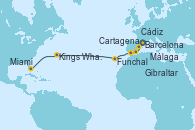 Visitando Barcelona, Cartagena (Murcia), Málaga, Gibraltar (Inglaterra), Cádiz (España), Funchal (Madeira), Kings Wharf (Bermudas), Miami (Florida/EEUU)