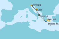 Visitando Brindisi (Italia), Mykonos (Grecia), Atenas (Grecia), Split (Croacia), Venecia (Italia), Brindisi (Italia)