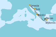 Visitando Atenas (Grecia), Split (Croacia), Venecia (Italia), Brindisi (Italia), Mykonos (Grecia), Atenas (Grecia)