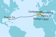 Visitando Barcelona, Palma de Mallorca (España), Cartagena (Murcia), Málaga, Cádiz (España), Puerto Cañaveral (Florida)